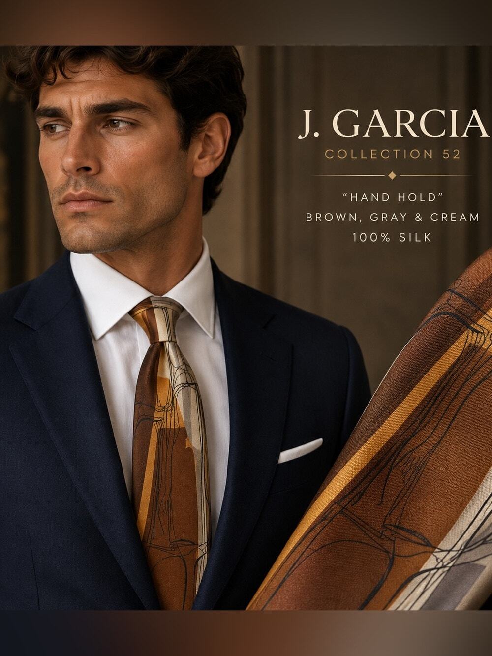 J. Garcia Collection 52 "Hand Hold" Brown, Gray and Cream Tie #1037